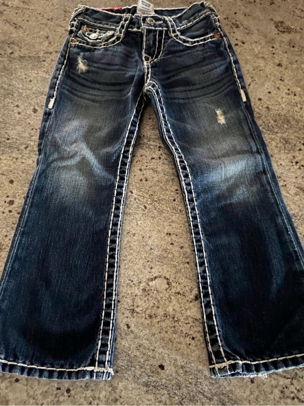 True Religion Kids Dark Blue Distressed Jeans with Contrast Stitching